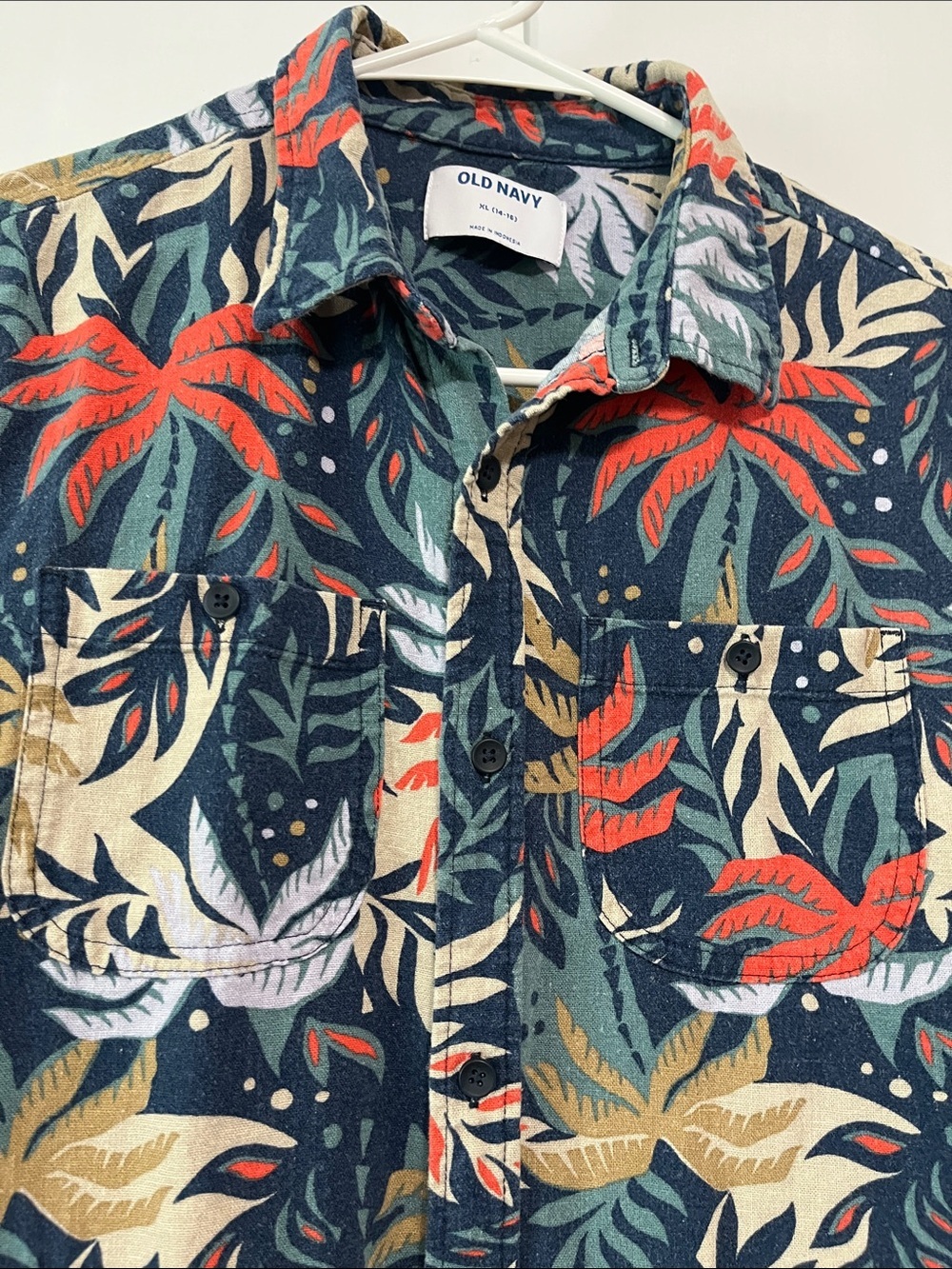 Old Navy Short Sleeve Tropical Linen Blend Pocket Shirt Sz XL - Picture 2 of 6